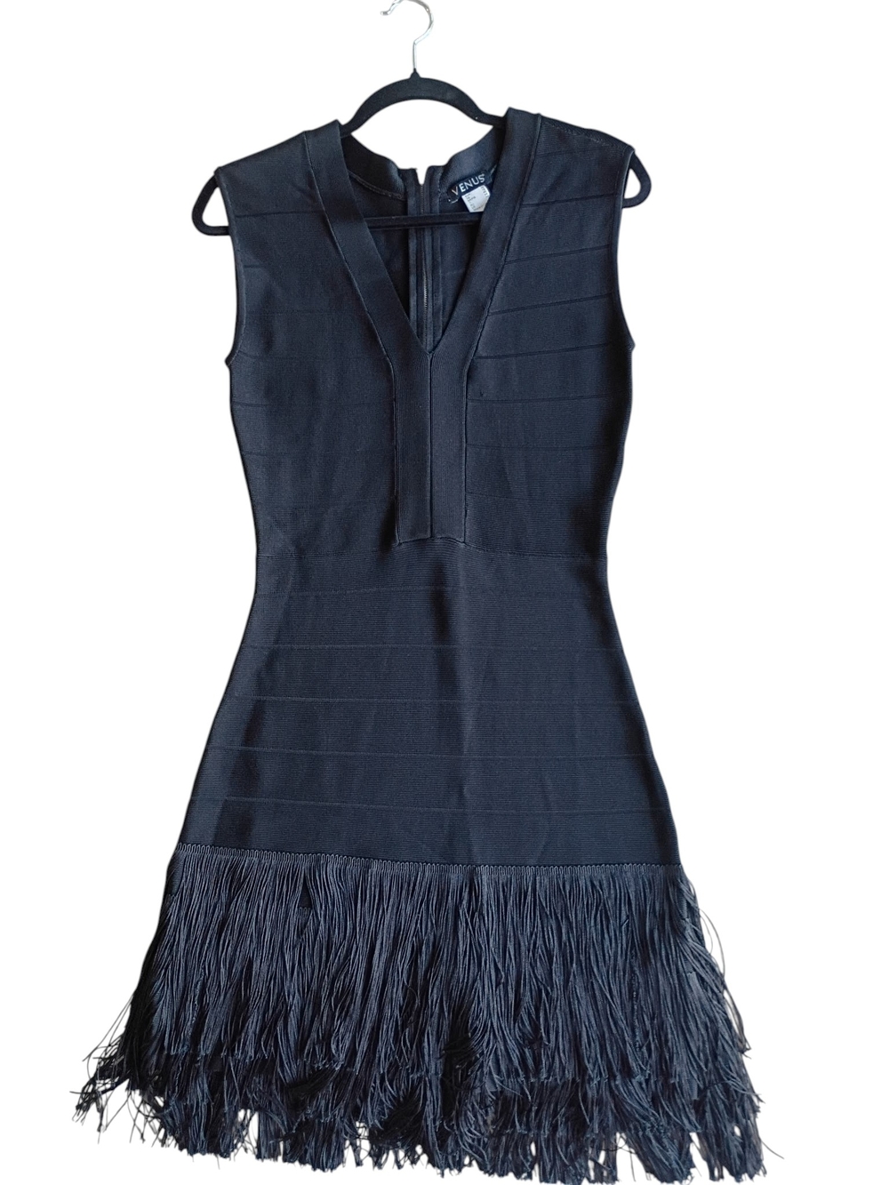 VENUS Black Sleeveless V-Neck Fringe Hem Mini Dress Size 6